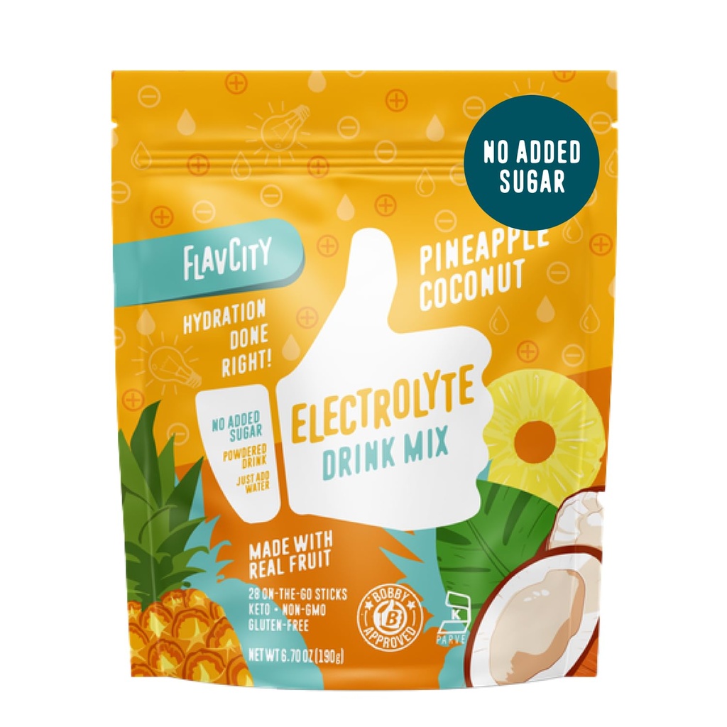 FlavCity Ananas Electroliți de nucă de cocos Pachete cu pulbere - 28 Pachete de hidratare - Fără zahăr adăugat - Pulbere de hidratare cu fructe reale și sare de mare nerafinată - Keto & Gluten-Free (28 cutii cu stick)