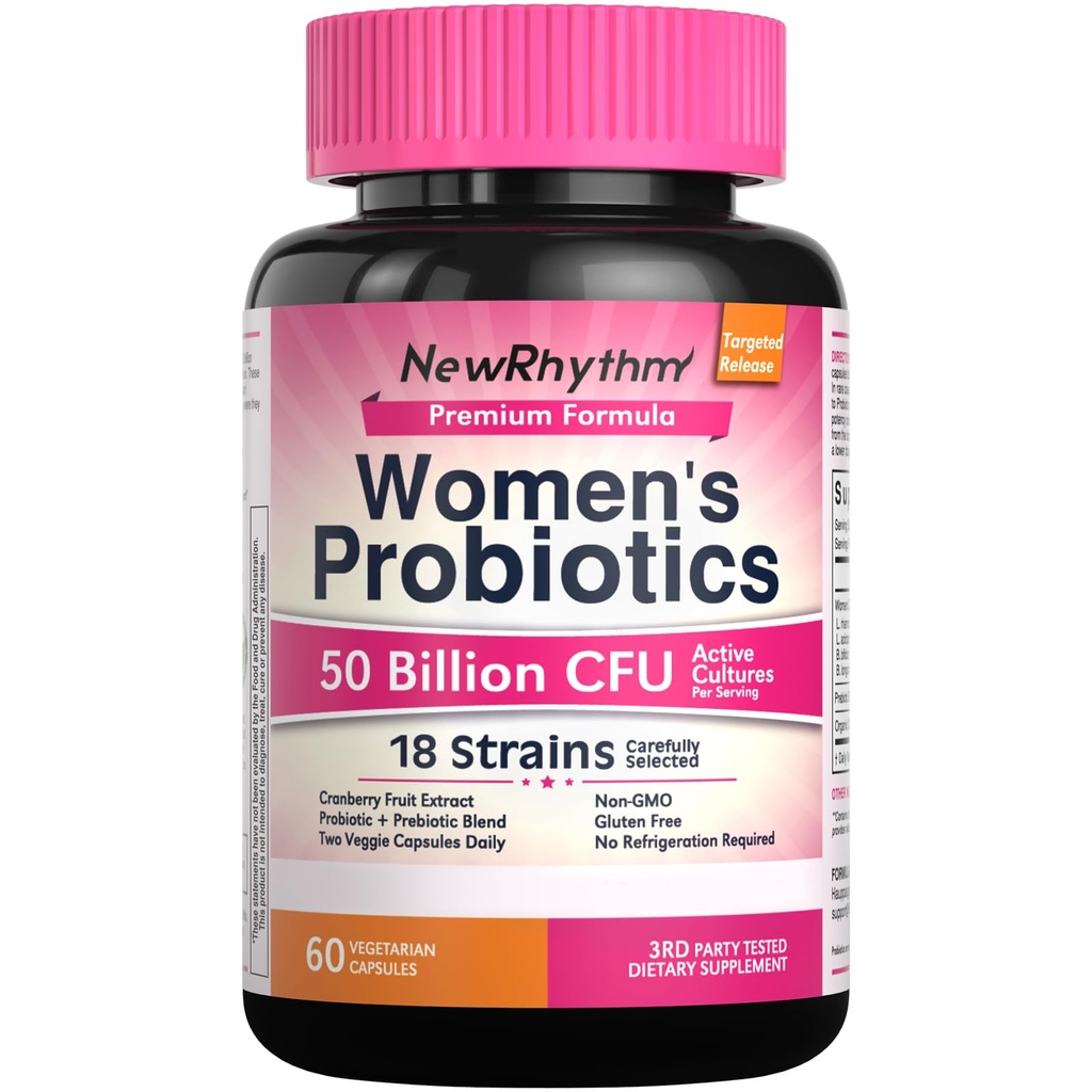 Probioticele feminine NewRhythm, Cranberry organic pentru sanatatea vaginala feminina, 50 Miliarde CFU 18 Tulpini, Probiotice si Prebiotice, Suport Sanatate Digestiva, 60 Capsule Vegas