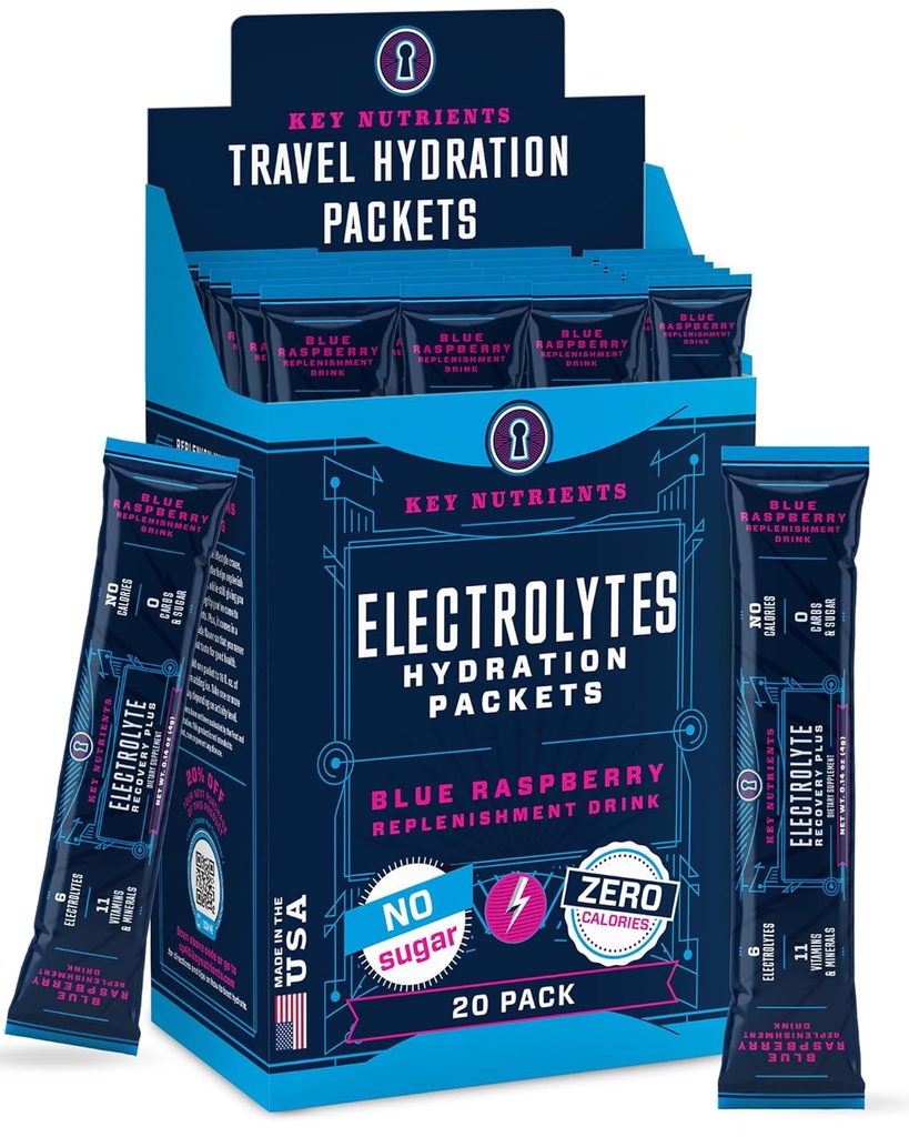 KEY NUTRIENTS Electroliți Pachete pulbere 20 Pachete - Fără zahăr, zmeură delicioasa albastru, Pachete de hidratare cu pulbere electrolit pentru revigorant Electroliți băuturi ambalaje - Zero Calorii
