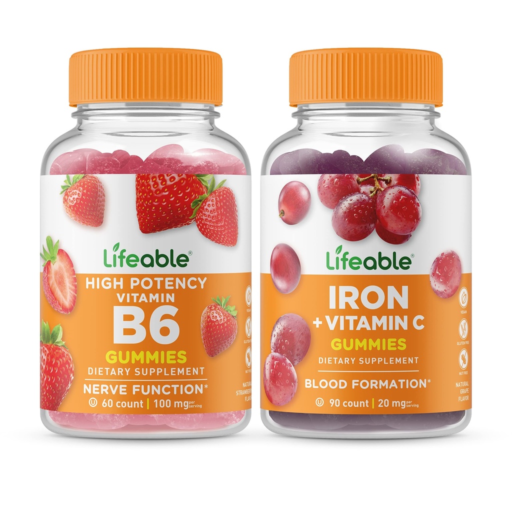 Vitamina viata B6 + Fier cu vitamina C, Gummie Bundle - mare Tasting, Supliment de vitamine, gluten gratuit, OMG-uri gratuit, masticabil