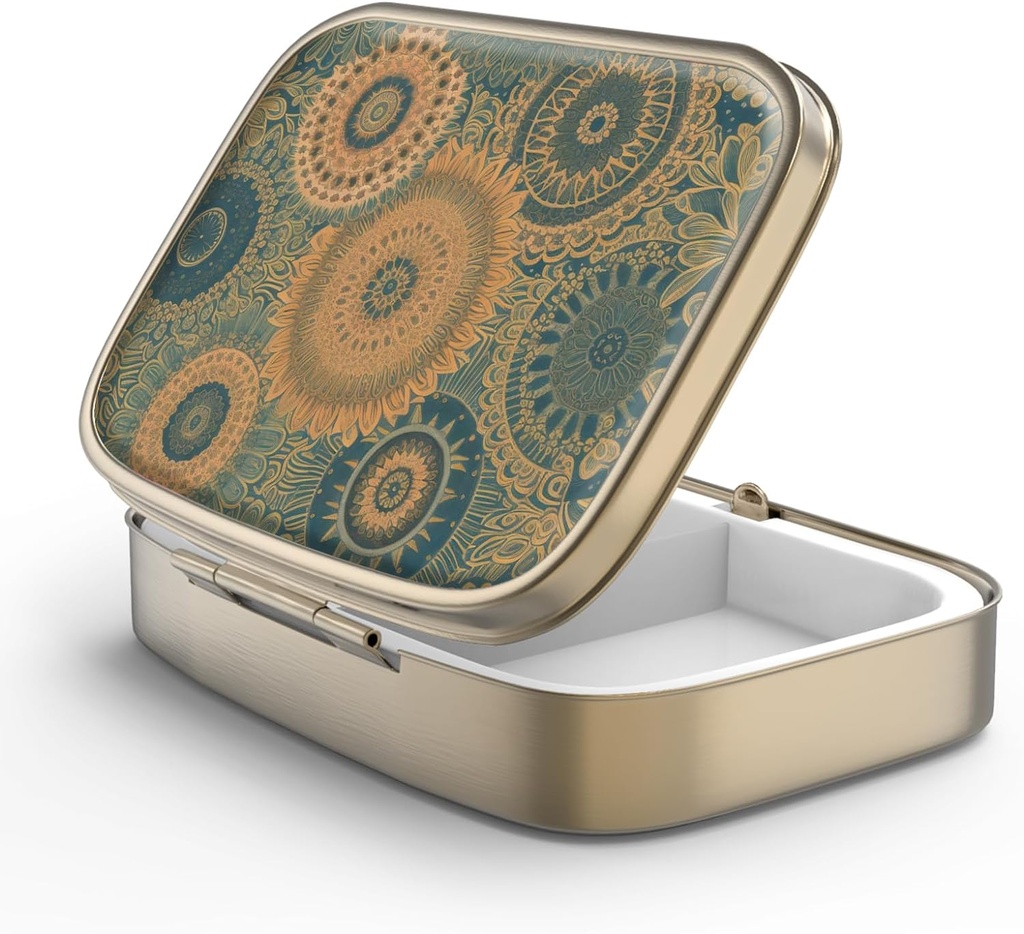 Pilulă cutie de pastile cu oglindă retro 2 Compartiment mini caz Pilulă pentru Purse sau Pocket Bronz cutie de pastile dreptunghiulare sau vitamine, ulei de pește, suplimente, Pilula Contine cadouri de călătorie (Retro Mandala)