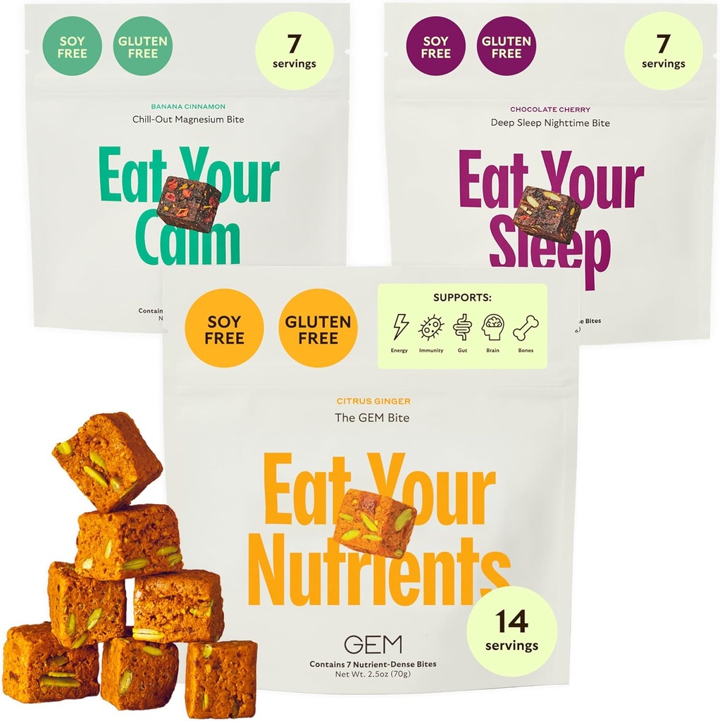 GEM Bite Pachet complet de Varietati de Rutina cu multivitamine zilnice (14 Bites), Calm de calm (7 Chews) & Deep Sleep Aid (7 Chews) 