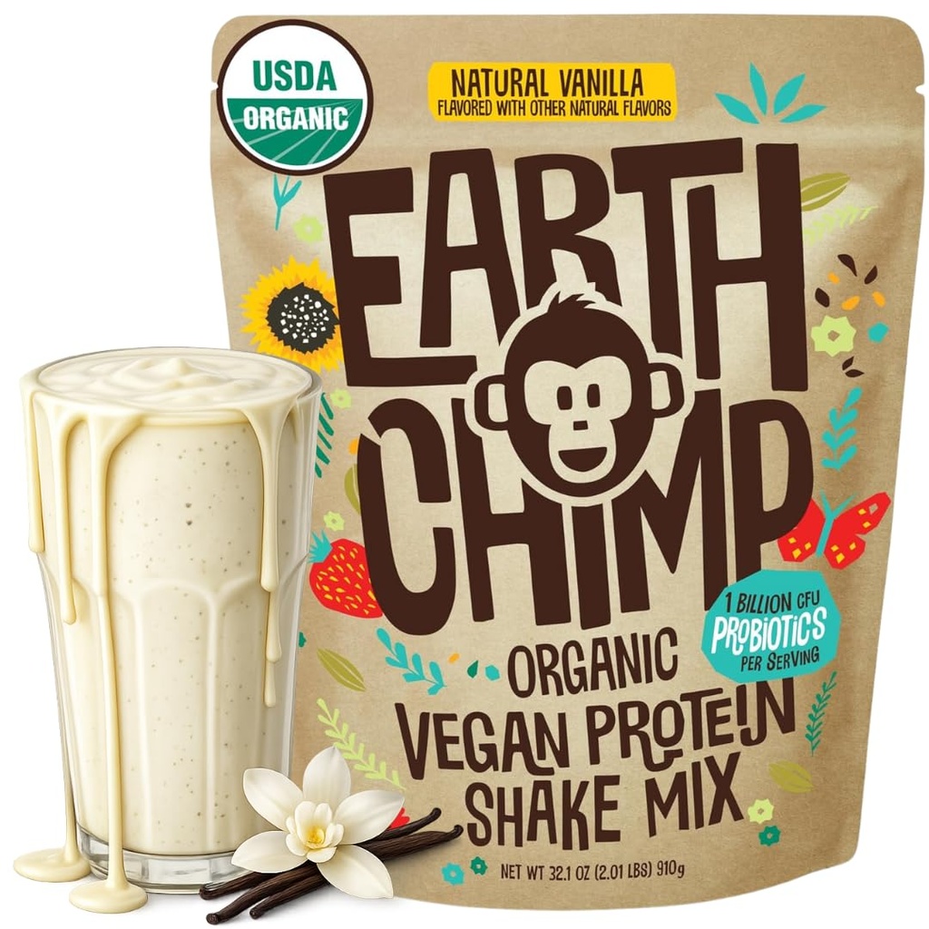 EarthChimp Organic Vegan Praf de proteine - cu Probiotice - non OMG-uri, lactate gratuit, non Whey, Pe bază de plante praf de proteine pentru femei și bărbați, Gluten gratuit - 26 Serviri 32 Oz (Vanilla)