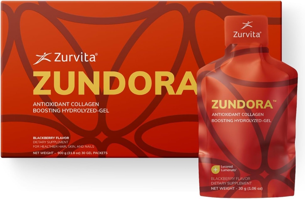 Zurvita - Zundora Colagen - Gel hidrolizat pentru par sanatos, piele si unghii - Beauty Boost with Verisol - BlackBerry Flavor - Dimensiune călătorie - 30 serviri