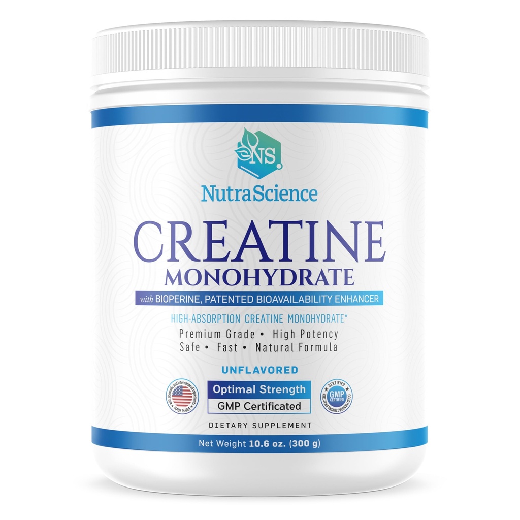 NutraScience Creatin Monohidrat pulbere cu BioPerine, Suportă Lean musculare de creştere şi recuperare, 60 Servings, 5000mg Per Serving, Nearomat, GMP sertificat, Vegan prietenos, Non OMG