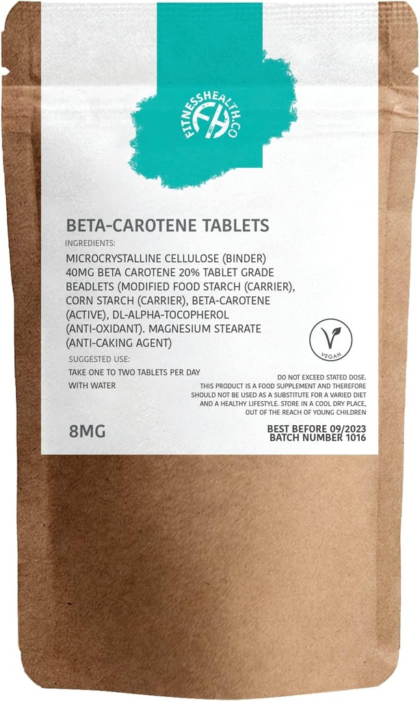 Fitness Health Beta-Caroten 8MG 120 comprimate - Pure Source of Vitamina A - Healthy Skin & Resistent System - Tanning Accelerator - Gluten & OMG-free