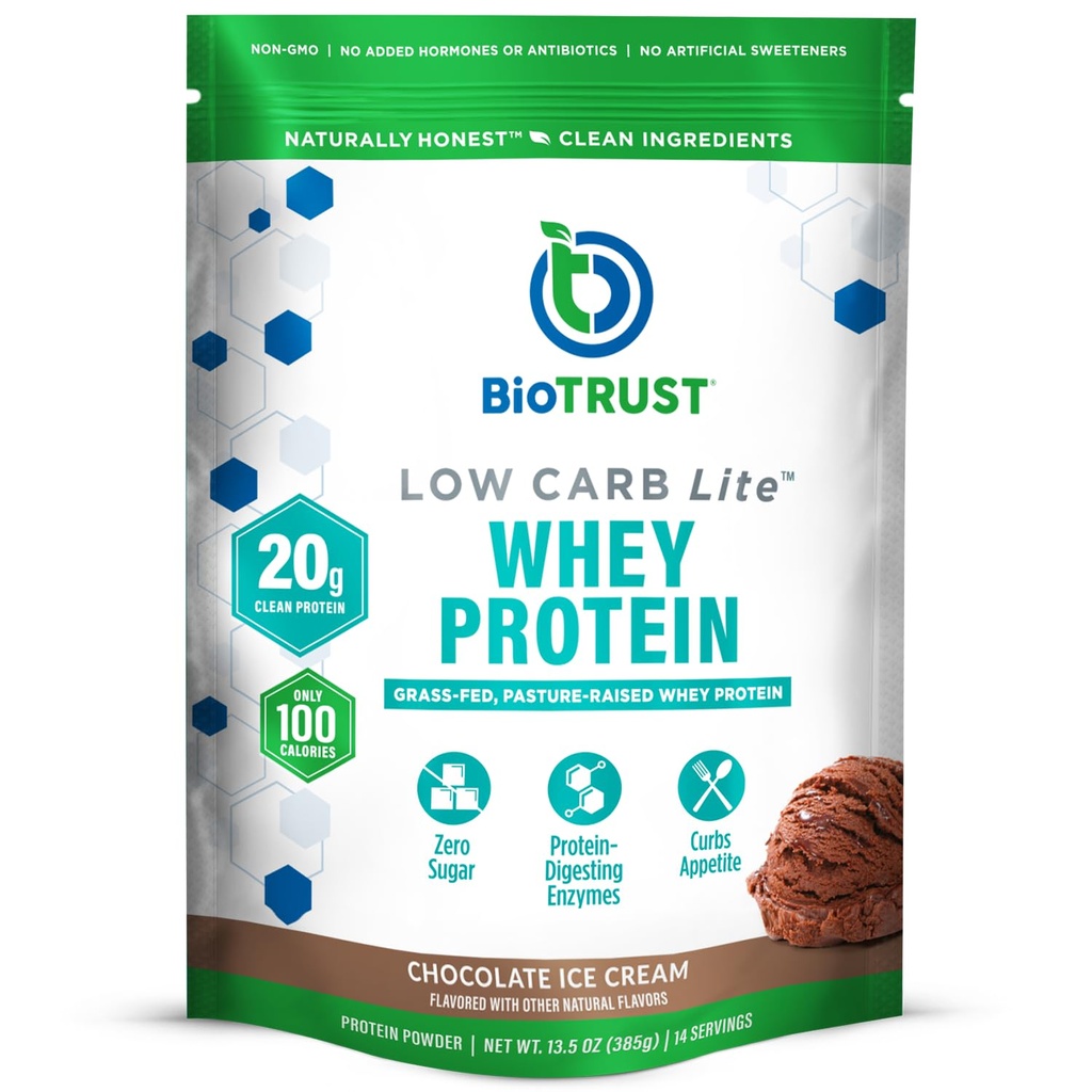 BioTrust Low Carb Lite, 20 Grams of Grass-Fed Protein Izolate, 100 Calories, ProHydrolase Enzime digestive, Non-GMO, Free from Soy and Gluten, rBGH-Free (14 Servings) (Chocolate Ice Cream)