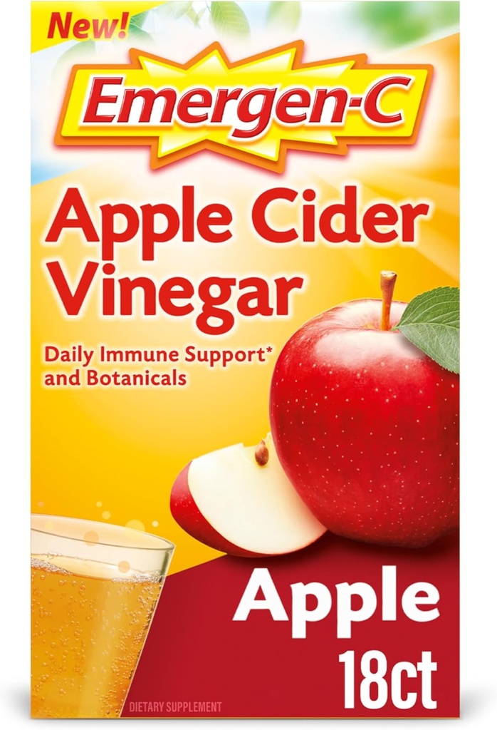 Emergen-C Apple Cidru Oţet Vitamina C Fizzy Drink Mix, Supliment alimentar pentru suport imunitar, Apple - 18 Conte
