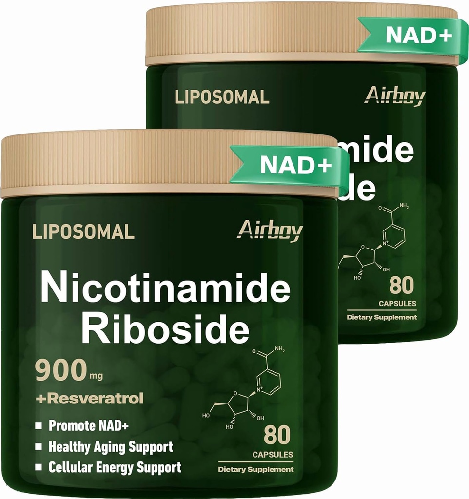 Airboy Liposomal Nicotinamida Ribozida 900 mg, NAD Supliment cu Resveratrol, NMN Alternative NAD Booster Support Anti-Aging, Energie, Focus - 80 Capsulesx 2 Pack