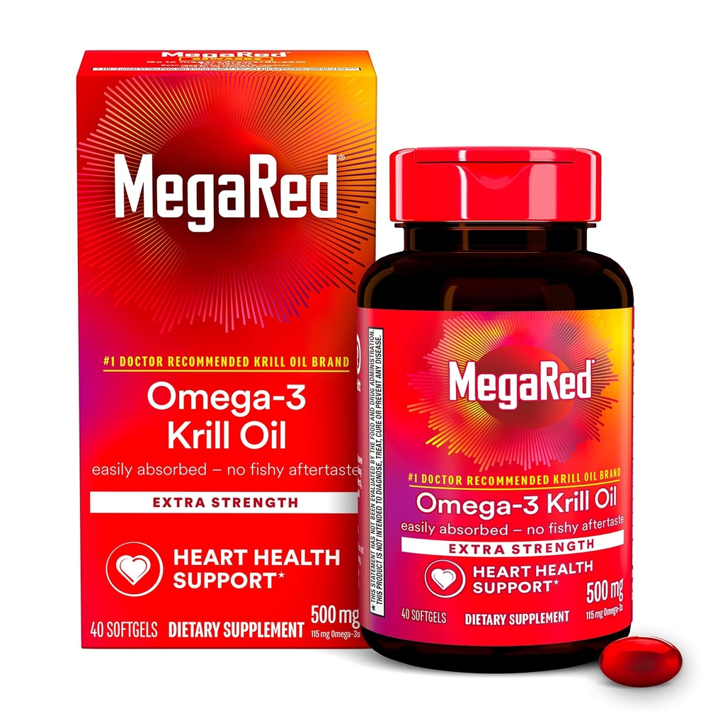 MegaRed Omega-3 Krill Oil 500mg extra Putere softgels (40 Conte într-o cutie) - Krill ulei nu gust de pește