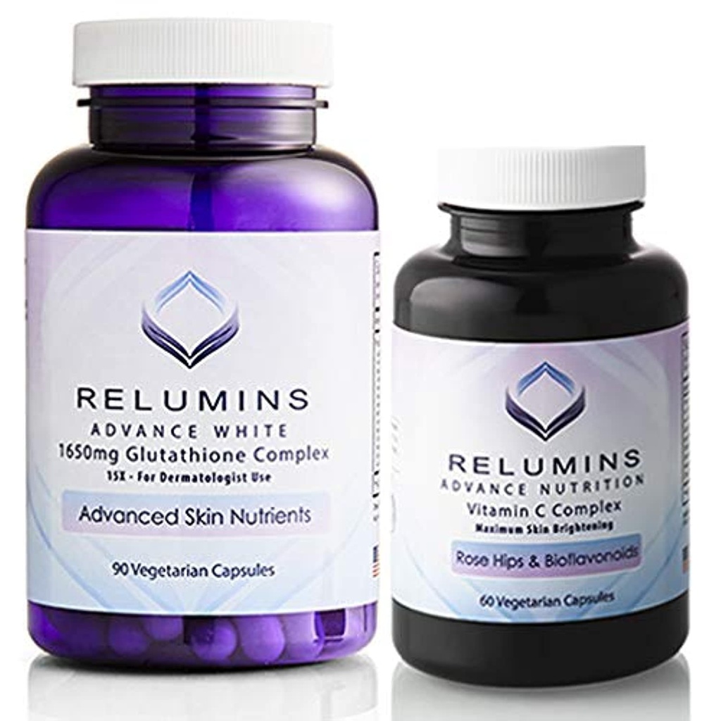 Relumins Advanced White Set - 1650 mg Glutatione Complex (90 capsule) şi Advanced Vitamina C cu Rose HIPS şi Bioflavonoide (60 capsule) Bundle