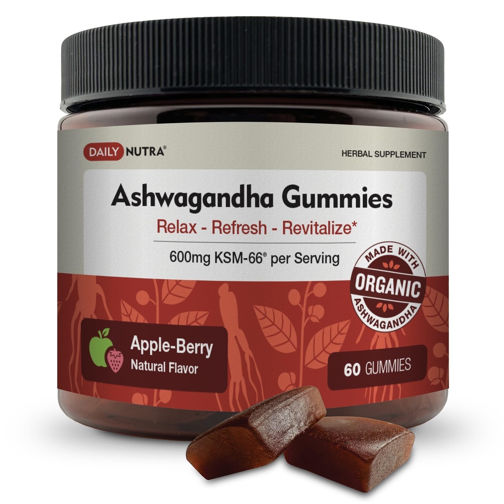 KSM-66 Ashwagandha Gummies - 600 mg extract de rădăcină organică per servire - Aromă naturală delicioasă Apple-Berry 