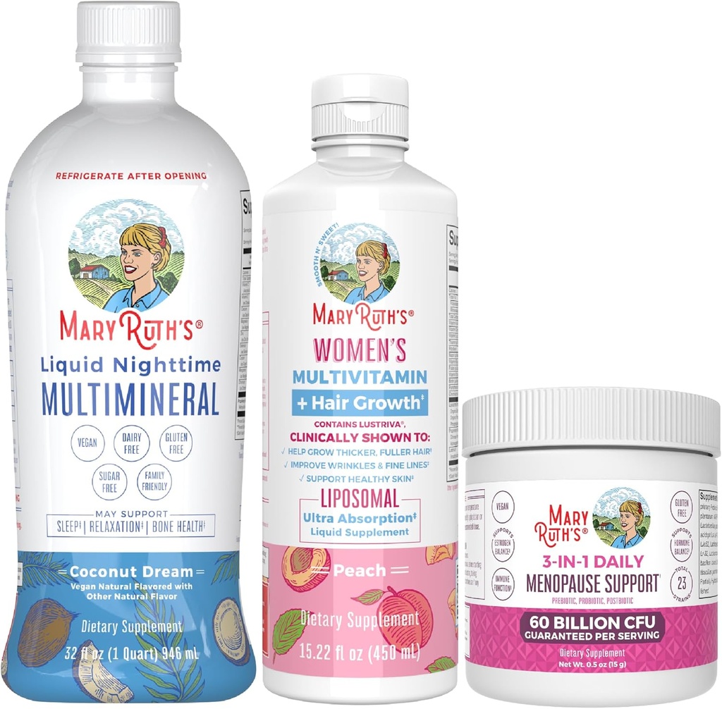 MaryRuth Organics Multivitamine FemeiiLustriva Cresterea parului, Menopause Suport, & Daily lichid Multimineral, 3-Pack Bundle pentru parul de sprijin, Skin Health, Immune Support, Gut Health, and Sleep Support