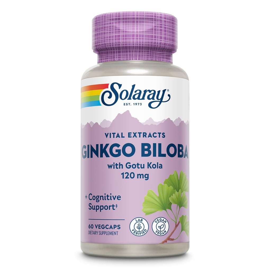 SOLARAY Ginkgo Biloba Extract cu Gotu Kola - Ginko Biloba Capsule pentru suport pentru sanatatea creierului - Vegan, Lab Verified, 60-Day Garantie - 60 Servings, 60 VegCaps (60 VegCaps)