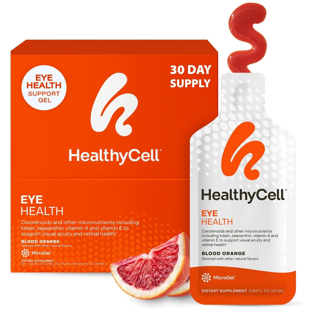 Healthycell Eye Health Daily Liquid Supplement - Vitamine si Minerale pentru ochi cu luteină, Zeaxantină, Astaxantină & Beta Caroten pentru Îngrijirea Vederii & Suport macular - 30 Gel Packs