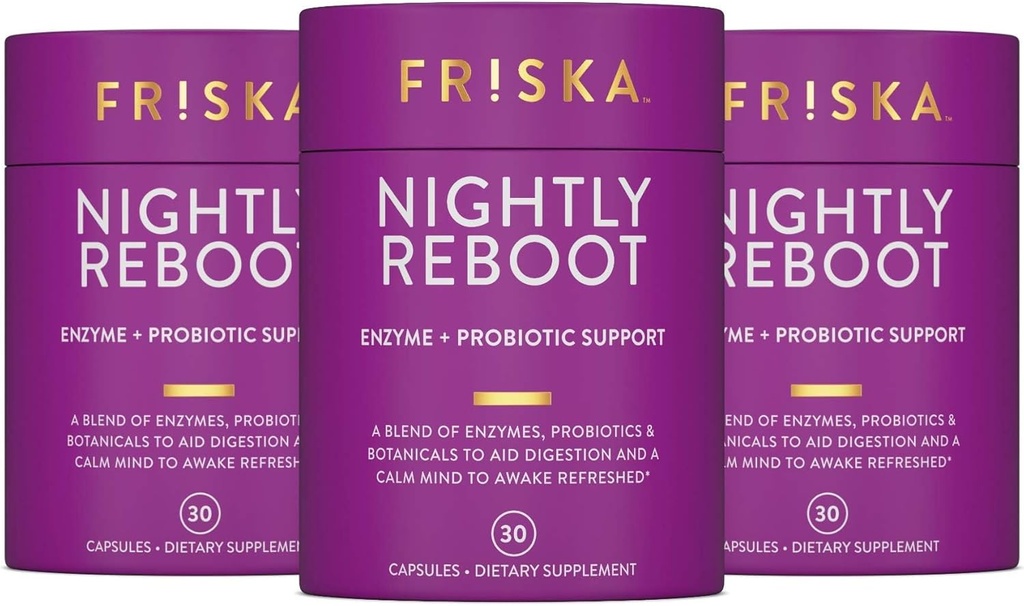 FRISKA Nightly Reboot Enzyme și Probiotice Supliment, promovează o mai bună digestia și somnul, susține sănătatea curajoasă pentru bărbați și femei, Melatonina, musetel, 90 capsule