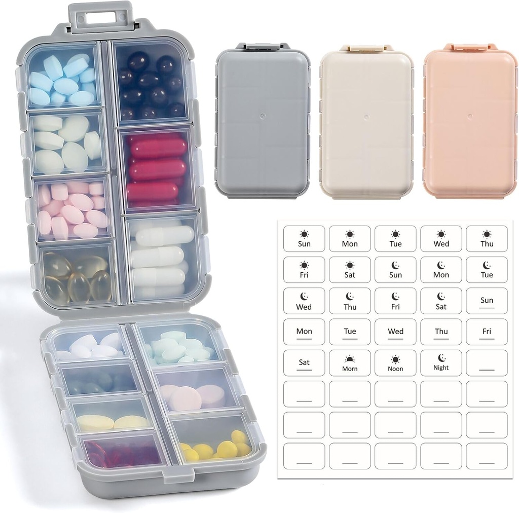 LANDNEOO 14 Grids Pill Organizator Cutie cu Labels, Travel Deţinătorul de medicamente Dispenser Case Kit, Pocket Daily Pharmacy Container pentru Peşte Oil Supliment de stocare vitamine, Khaki Pink Grey, 3 Pack