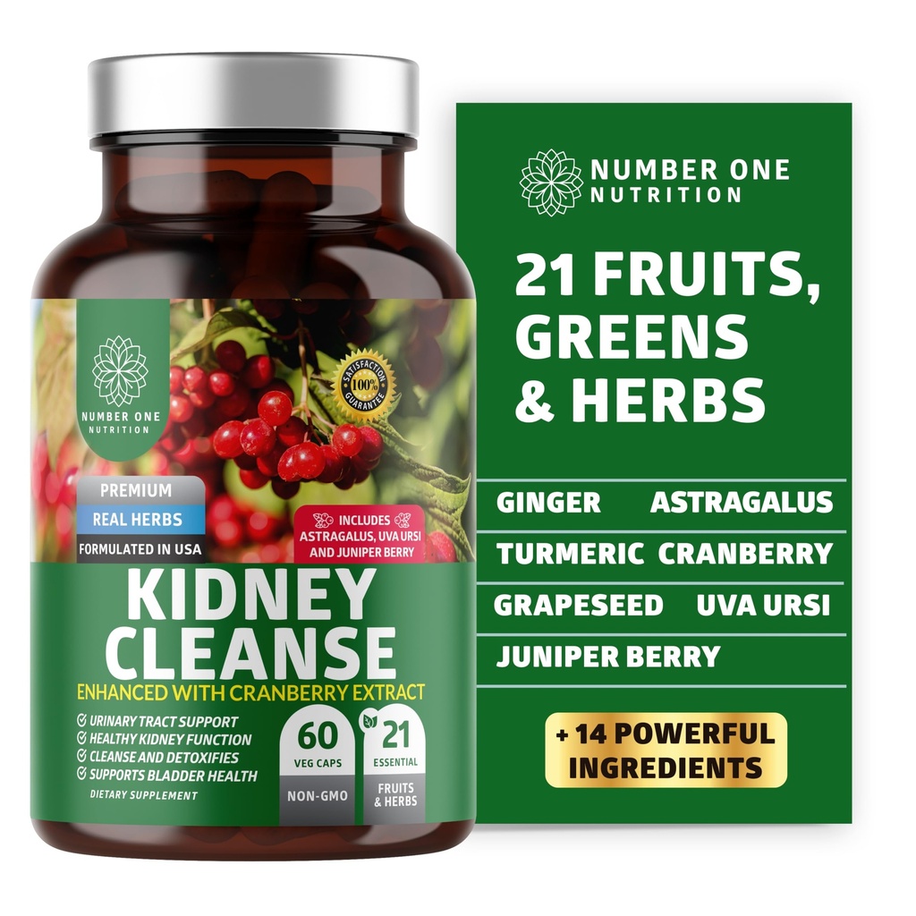 N1N Premium Rinichi Curățare [21 Pottent Herbs] pentru controlul tractului urinar & vezicii urinare, Suport renal natural cu extract de afine, Astragalus și Uva Ursi Leaf, 60 Veg Caps