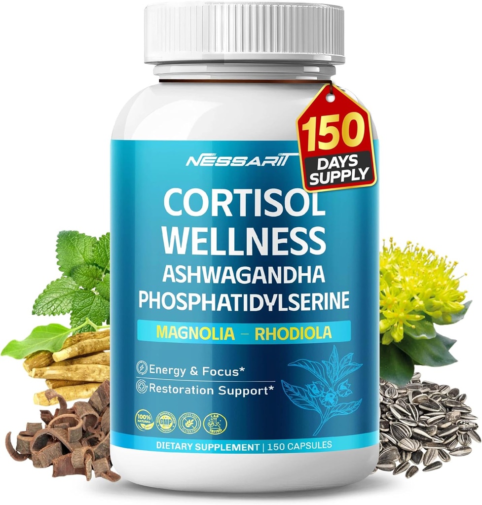 CORTISOL Wellness Ashwagandha 14-in-1 Blend natural cu fosfatidilserină Magnolia Rhodiola St. John's Wort Peppermint Bacopa - 150 Conte - Made & Testat în Statele Unite ale Americii