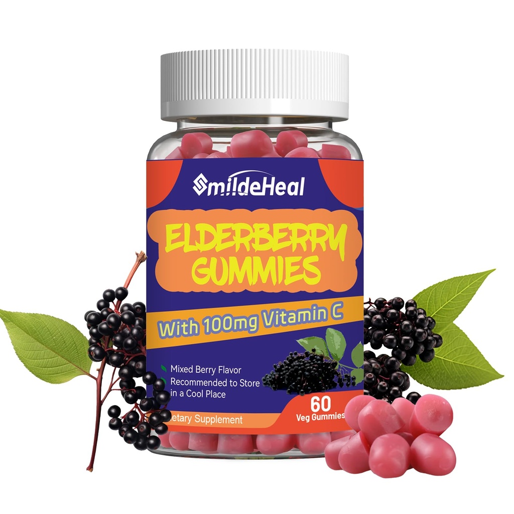 Gume de soc, extract de elderberry 300mg, cu vitamina C și zinc, gume de aromă de căpșuni, non-GOMOs, gluten gratuit, Vegan-Prieten, Suport imun, 60 Conte