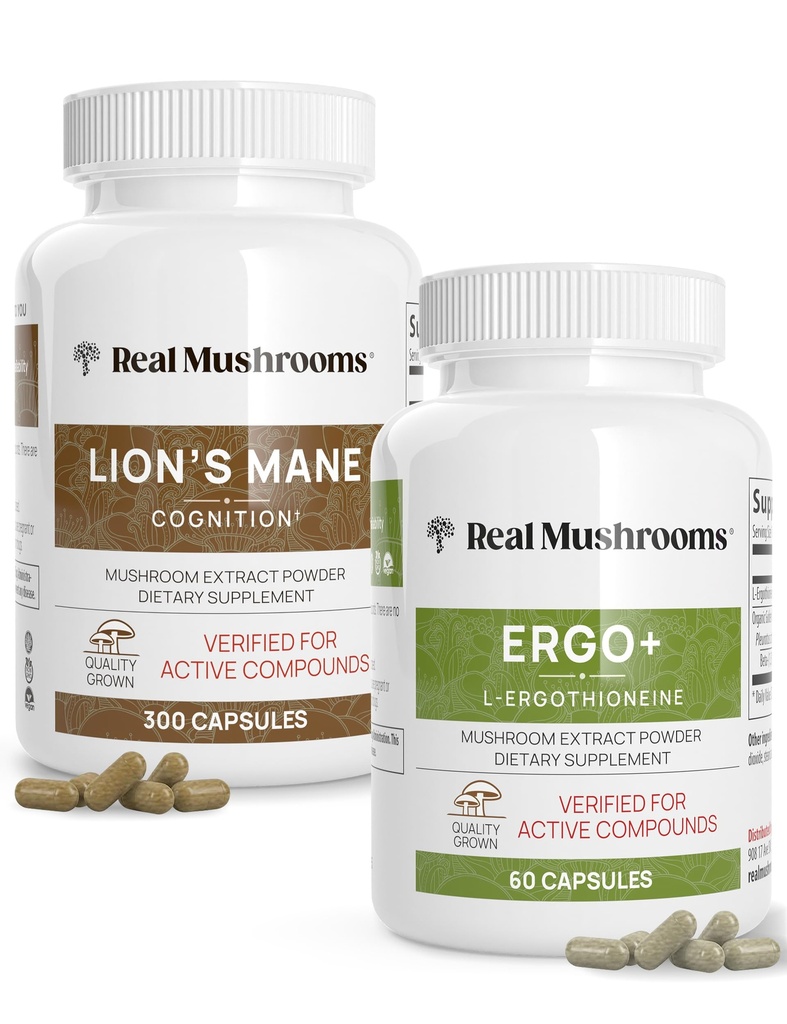 Ciuperci reale Ergotioneina (60ct) și Lions Mane (300ct) Bundle cu Shiitake și Oyster extracte de ciuperci - Longevitate și cunoaștere - Vegan, Gluten gratuit, non-GMO - Suport natural pentru imbatranire sanatoasa