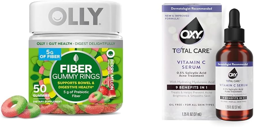 OLLY Fiber Inele Gummy 50ct + Oxy Total de îngrijire Hidratare vitamina C Ser pentru suport digestiv, piele mai curată