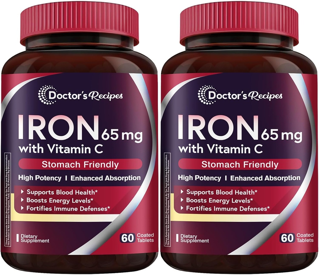 Medicului Rețete Supliment de fier 65 mg cu vitamina C - Absorbție Maximizată & Stomac Pastile de fier pentru formarea de celule roșii de sânge, inimă, creier și imunitate sănătate - Vegan 120 Tabs (Pachet de 2)