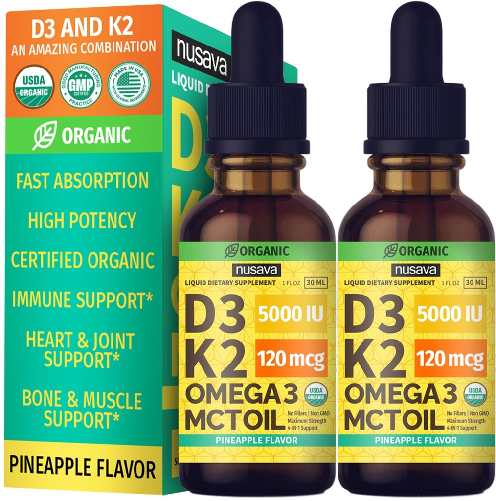 (2 ambalaj) Vitamina organică D3 K2 picături cu ulei MCT Omega 3, puterea maximă vitamina D lichid 5000 UI, fără file, non-GMO lichid D3 pentru absorbţie mai rapidă şi suport imun (Pineapple, 2 Fl Oz)