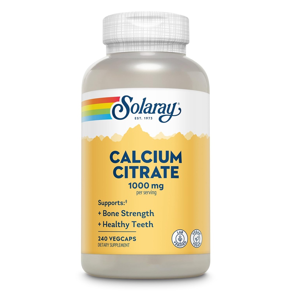 Solaray Calciu Citrate 1000mg - Supliment Chelated Calciu - Suportă Putere osoasă și dinți sănătoși - Easy to Digest - 60-Day Guarantee, Vegan - 60 Serviri, 240 VegCaps