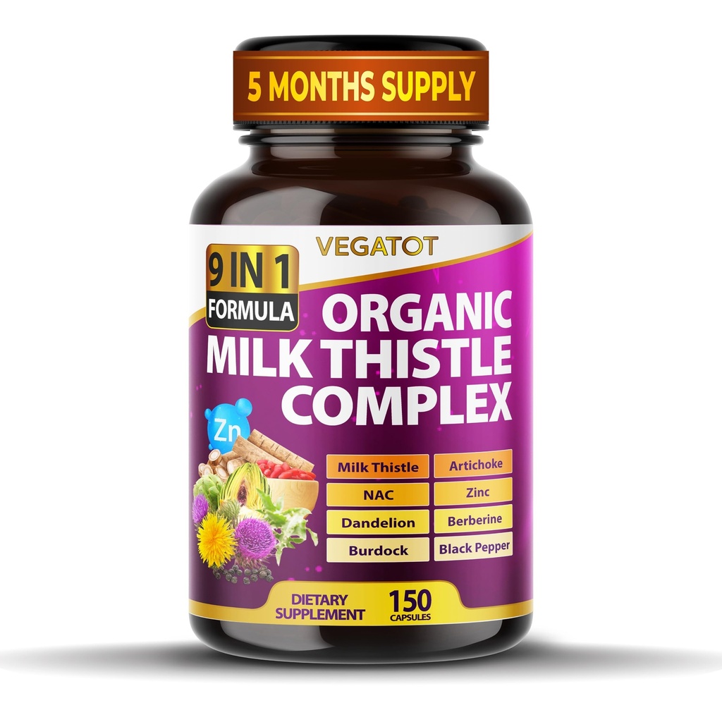 VEGATOT Organic Milk Thistle Complex 9 in 1 Formula - cu Milk Thistle Artichoke NAC Zinc Dandelion Berberine Burdock Black Pepper (150 Count (Pachet de 1)