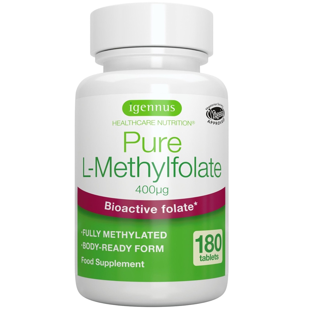 Igennus Folate de metil pură 400 mcg, 180 comprimate, eticheta curată, forma metilizată de acid folic 5-MTHF (vitamin B9), Vegan, Potrivit pentru Sarcina, One-a-Day, 6 Luna de aprovizionare