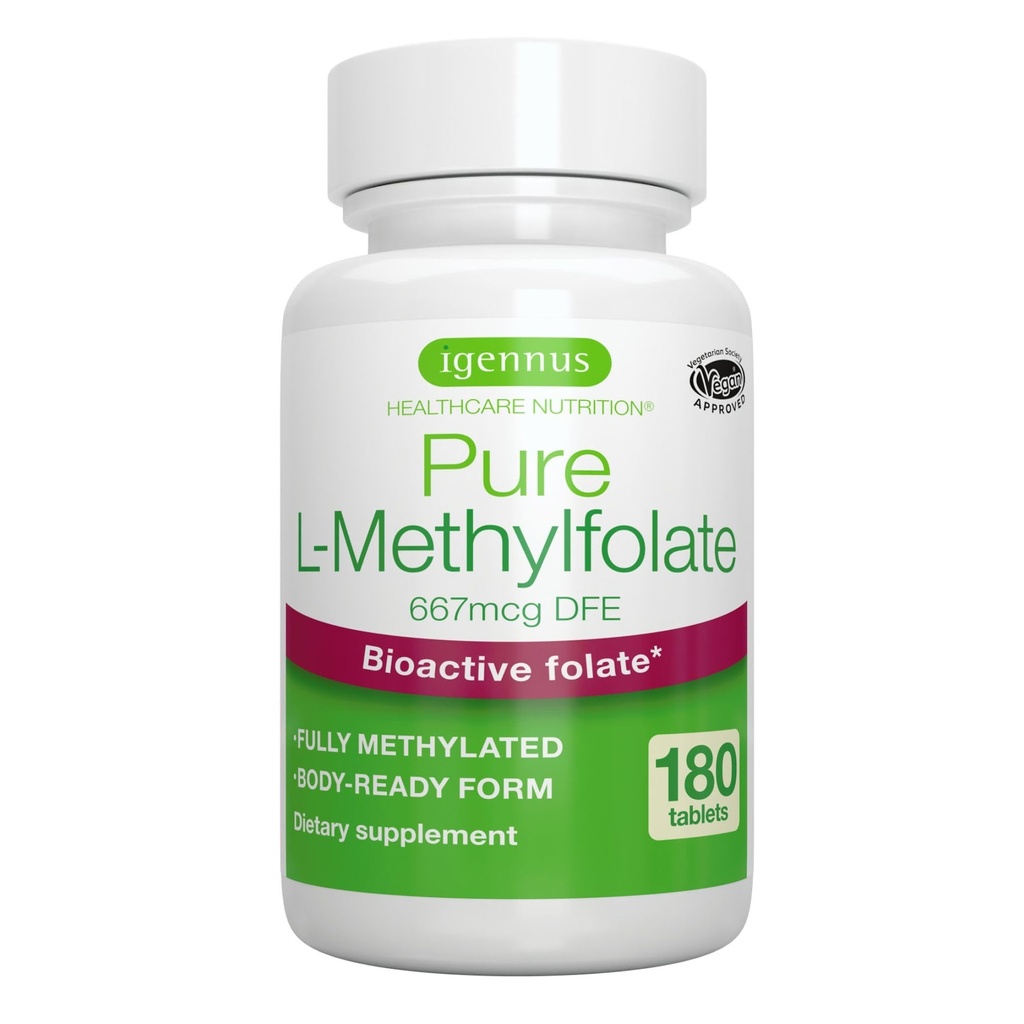 Igennus Folate de metil pură 400 mcg, 180 comprimate, eticheta curată, forma metilizată de acid folic 5-MTHF (vitamin B9), Vegan, Potrivit pentru Sarcina, One-a-Day, 6 Luna de aprovizionare