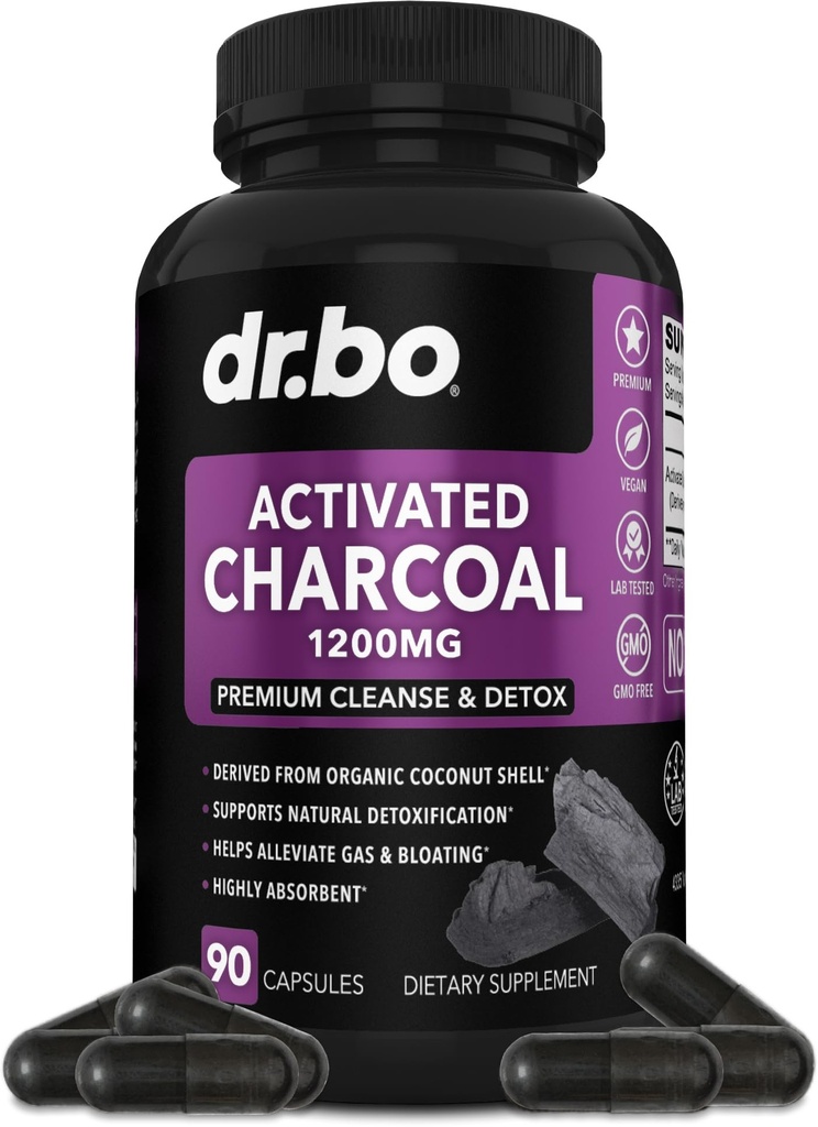 Capsule Charcoal activate Detoxifiere Cleanse - 1200 mg Pastile organice de nucă de cocos Charcoal pentru gaz de stomac și ajutor înălbitor pentru bărbați Femei Copii - capsule active Binder suplimente activate pentru gută