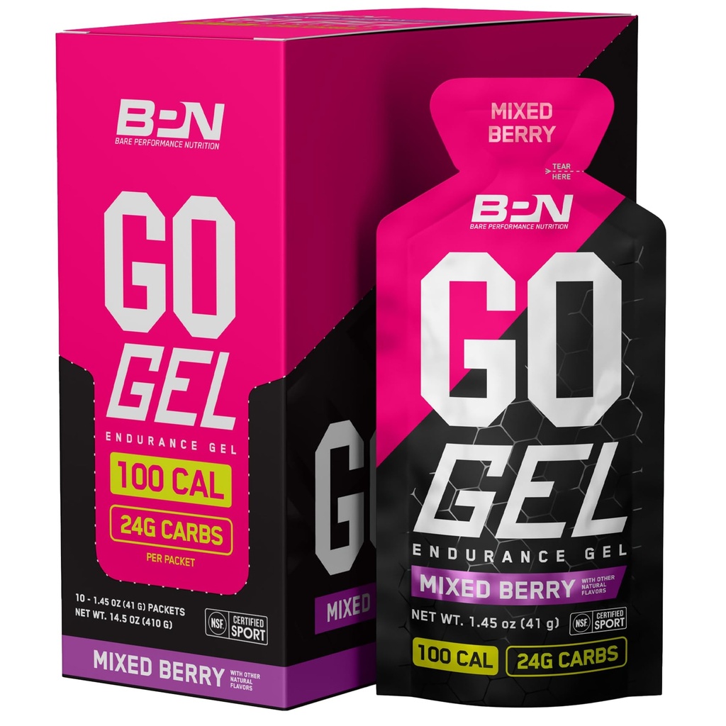 NUTRIŢIE DE PERFORMANŢĂ BARE, BPN Go Gel Endurance, 24g de Carbohidraţi & 100 calorii per ambalaj, gel Vegan + Gluten Free Running, 10 ambalaje cu un singur serviciu, Berry mixt