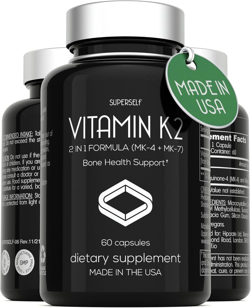 Capsule de vitamina K2 100 mcg - Complex de vitamine K MK-7 & MK-4-60 Capsule - VIT K2 2 în 1 Formula Supliment de înaltă rezistență MK7 MK4 - Made in USA - Vegan & Non-GMO