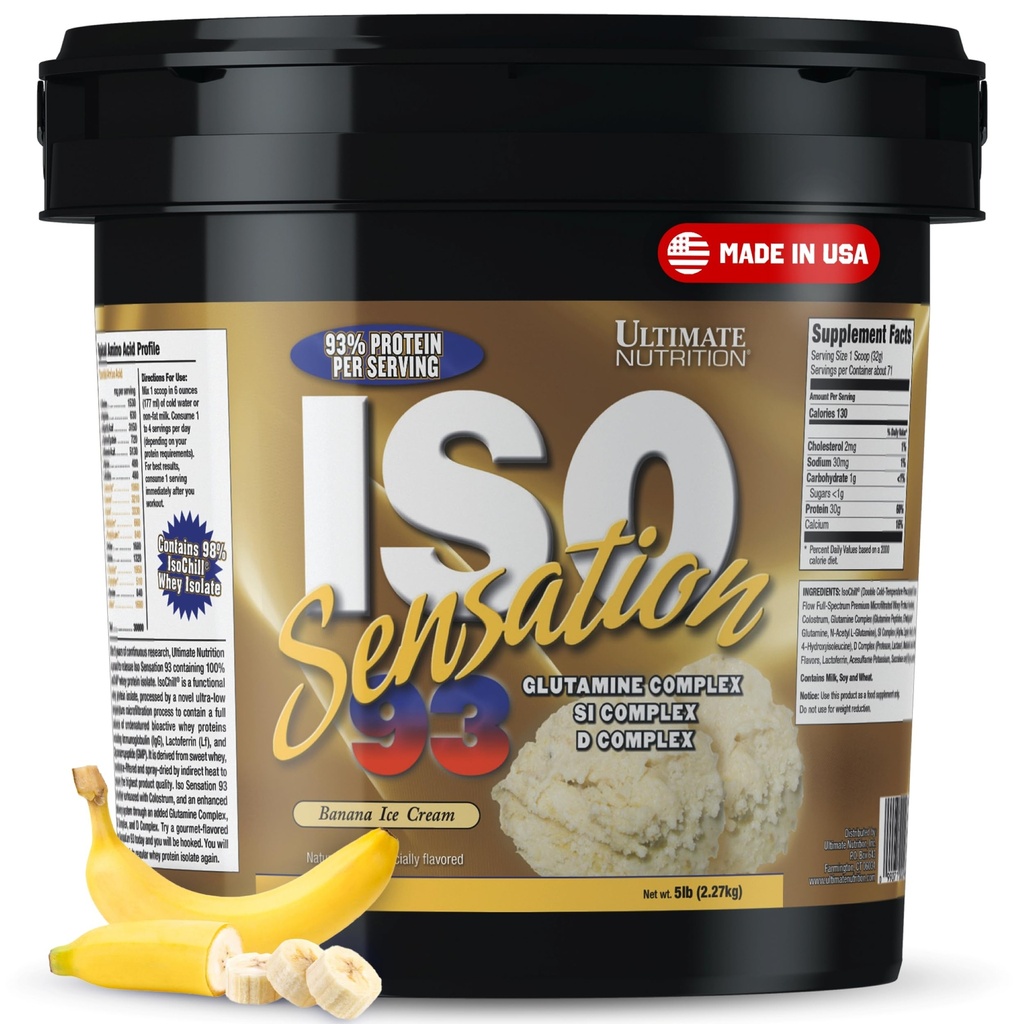 Nutriţie Ultimate Whey Pulbere de proteine Izolat cu Complex Glutamina, Sensation ISO 93 - Whey Pulbere de proteine cu Adăugat Colostru pentru recuperare îmbunătăţită, Imunitate & Sănătate Gut - Banana, 5lbs