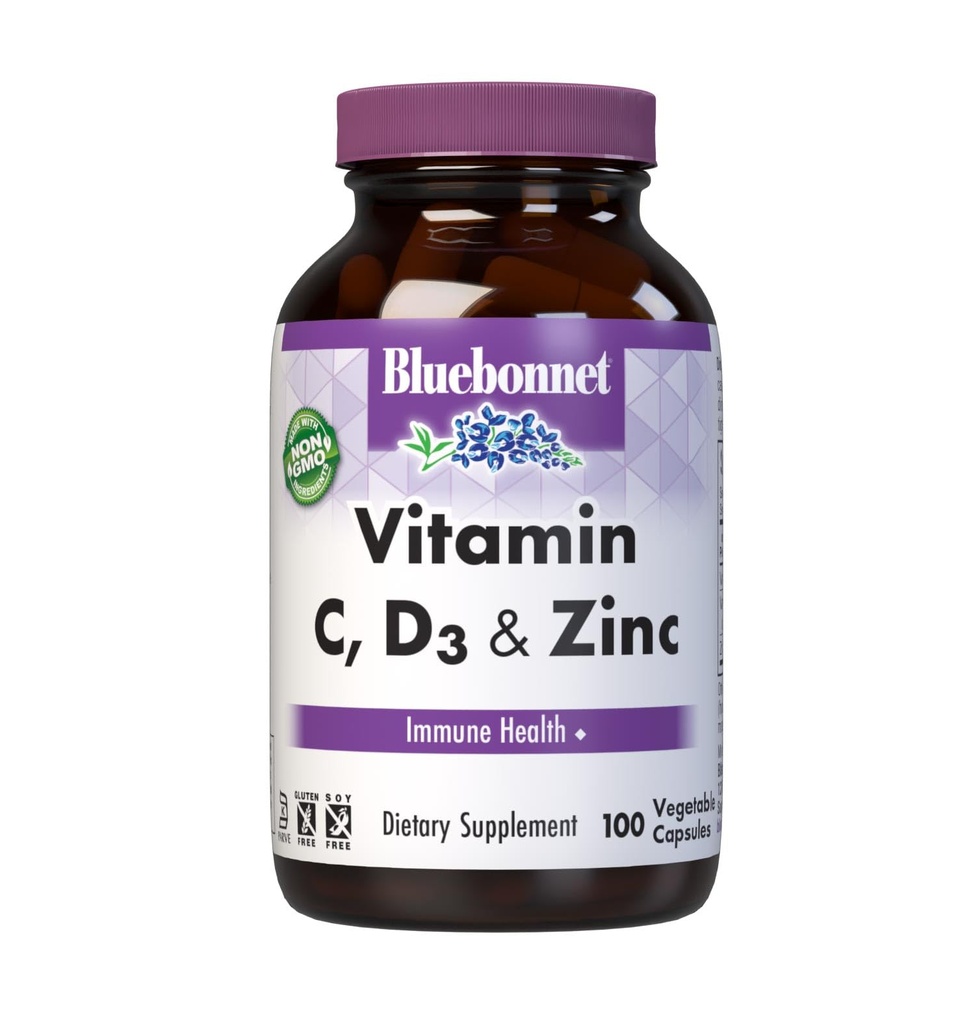 Bluebonnet Nutrition Vitamina C, D3 & Zinc, pentru Immune Health and Respiratory Function*, Soy-Free, Gluten-Free, Non-GMO, Kosher Certified, Dairy-Free, 100 Capsule vegetale, 100 Servings