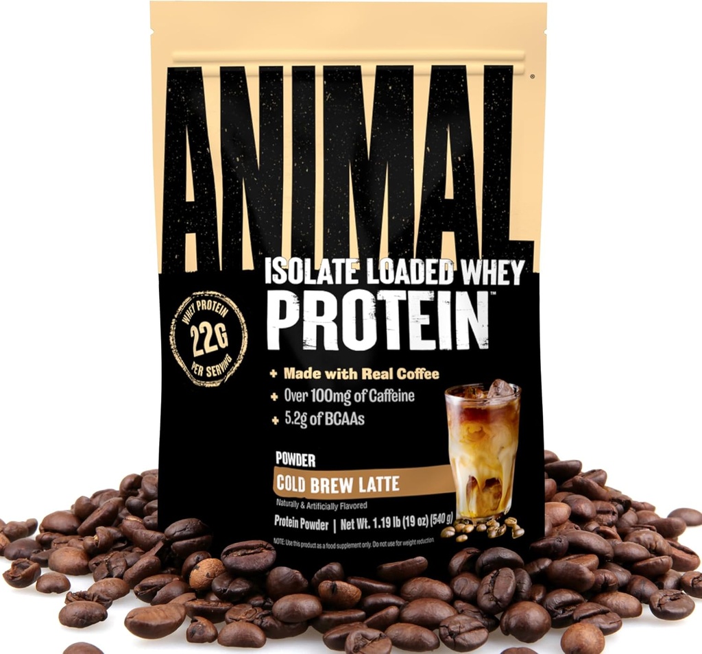 Animal Whey praf de cafea proteine, încărcat cu 22g de proteine, 100mg de cafeina, și BCAAs pentru Pre & Antrenament musculare Recuperare constructor cu enzime digestive pentru bărbați și femei, Latte rece, 1 lb
