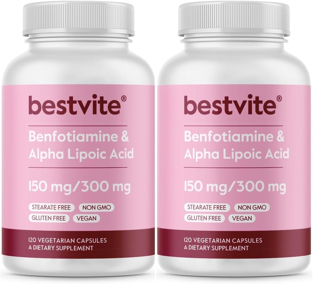 Benfotiamină 150mg / Acid lipoic alfa 300mg (240 capsule vegetariene) (120x2) - Fără Stearete - Vegan - Gluten liber - Negree OMG