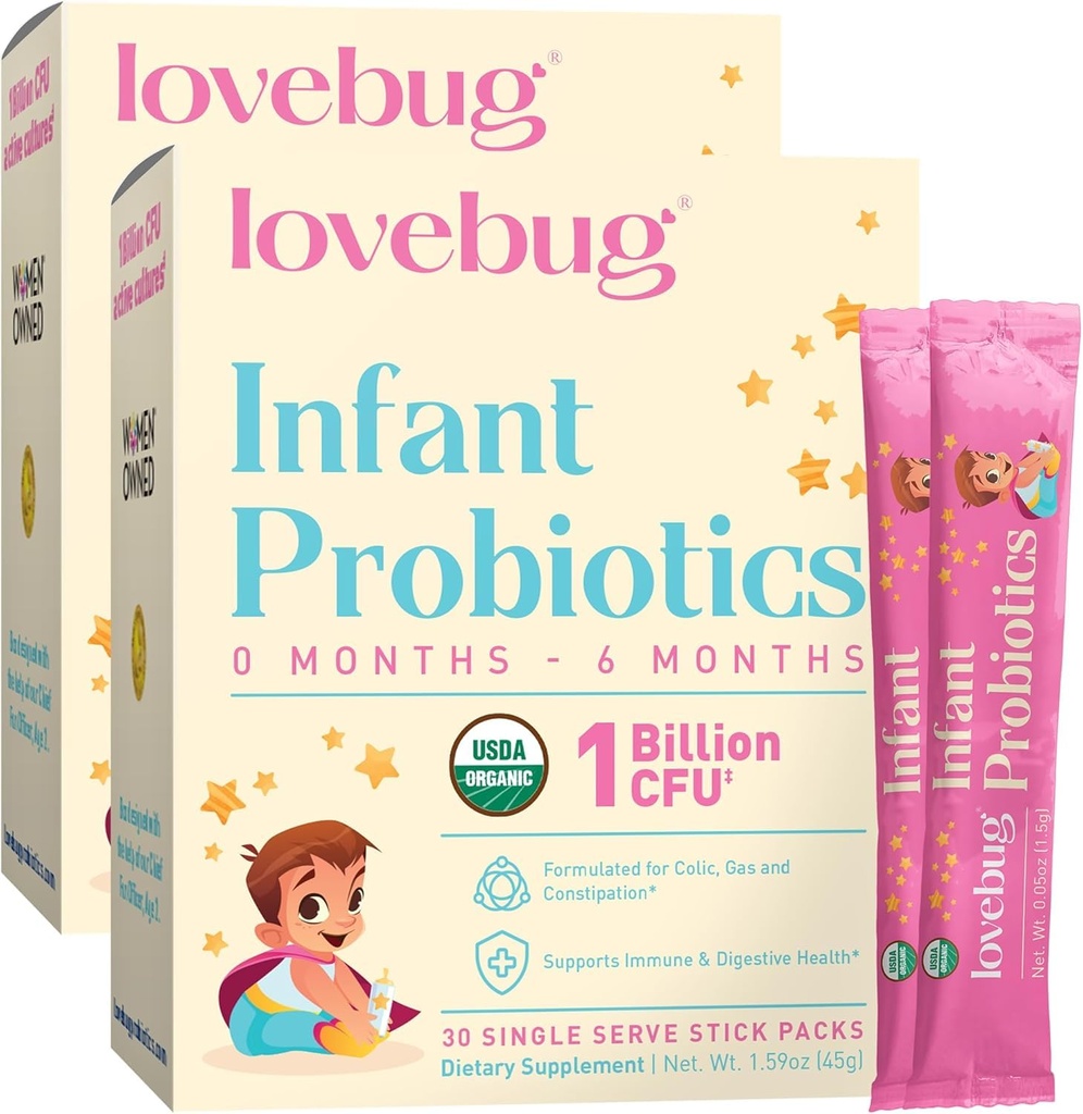 LOVEBUNG Probiotice infantile 0-6 luni - USDA Probiotice organice pentru bebelusi, suporta gaz pentru bebelusi, colica, diaree si nou-nascut constipatie Relief, Allergen & Sugar Free, pudra fara gust, 60 Pack