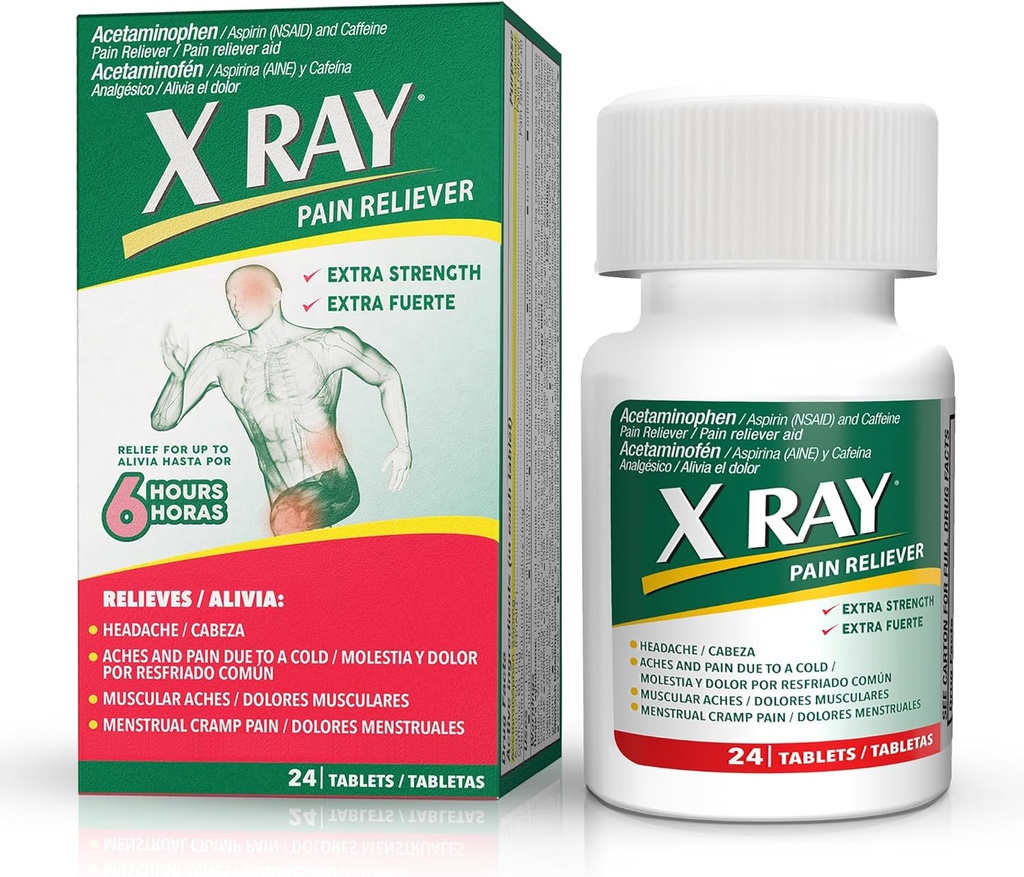 X RAY extra puterea de durere Reliever: Acetaminofen 500 mg, Aspirină, Cafeina - 24 comprimate Fiecare, Formula potent pentru migrenă, dureri de cap, și Back Pain Relief, reduce inflamație