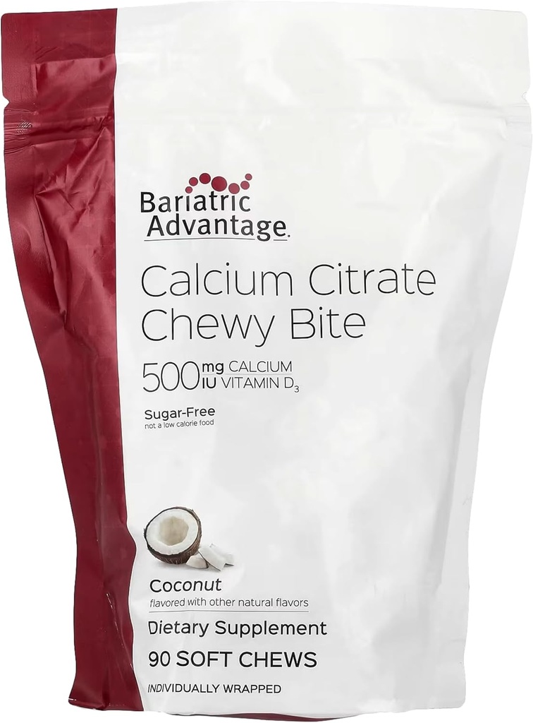 Baratrice Avantaj Calciu Citrate Chewy Bites 500 mg - Foarte absorbabil & Digestible - Vitamina D3 - Supliment de calciu ușor de mestecat - Aroma de nucă de cocos - 90 Conte