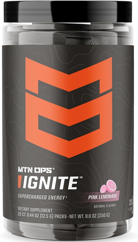 MTN OPS Ignite Trail Packs Energetic Drink Powder, Gluten Free Nootropic Supplement Drink Mix, L Arginine, L Citruline, Cofeina & Nootropic Sugar Free Drink Mix, 20 Servings, Roz Lemonade