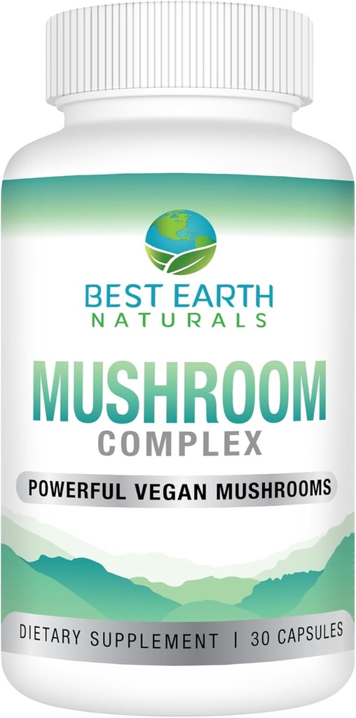 Best Earth Naturals Vegan Mushroom Complex Supplement for Energy, Clarity & Cognitive - Immune Support w/Lion's Mane, Reishi, Chaga, Maitake & Shiitake 30 Day Supply (30 Capsule)