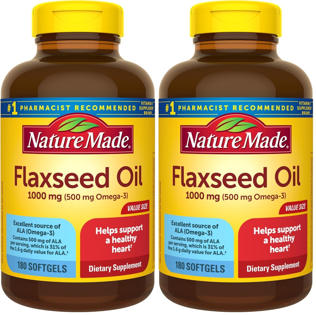 Nature Made Flaxseed Oil 1000 mg, Supliment alimentar pentru Heart Health Support, 180 Softgels (Pachet de 2)
