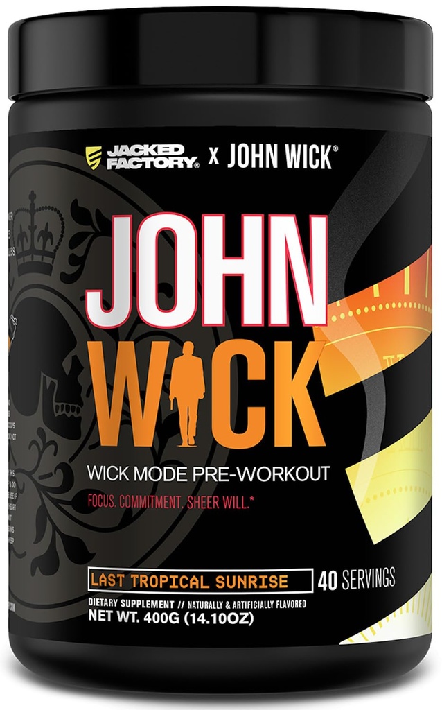Fabrica Jacked X John Wick - Wick Mode Pre Workout pulbere - Energie intensa, Battle-Ready Focus, angajament de neoprit, și Sheer Will - 40 Serviri, Ultima răsărit tropical