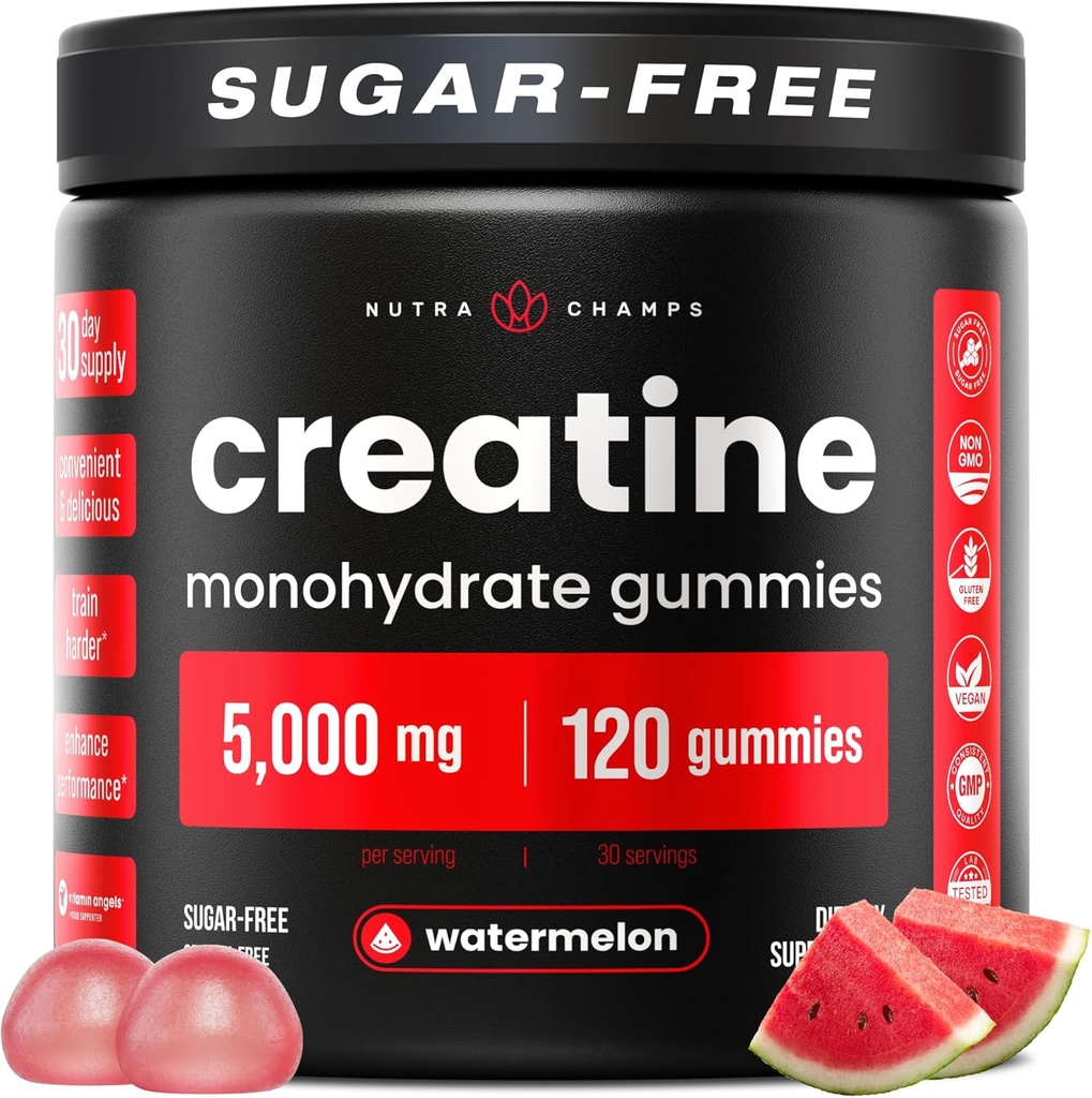 NutraChamps 120 Gumele de creativitate pentru bărbați și femei - 5g Creatură fără zahăr Chemable Monohidrat Gume - Suportă Sinteza proteică, Recuperare musculară și performanță antrenament