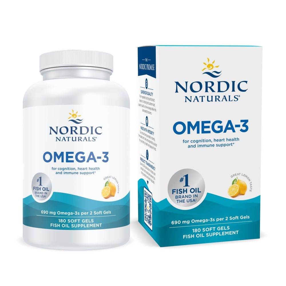Nordic Naturals Omega-3, Lemon Flavor - 180 Geluri moi - 690 mg Omega-3 - Ulei de pește - EPA & DHA - Suport imunitar, Brain & Heart Health, Optimal Wellness - Non-GMO - 90 Servings
