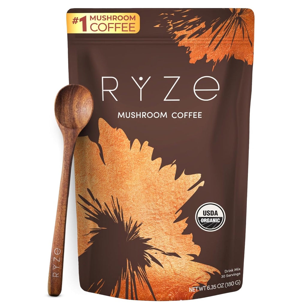 RYZE SUPERFOODS cafea ciuperci USDA Organic cu 6 ciuperci adaptogene și ulei MCT, Statele Unite ale Americii Cafea instant pentru o mai bună energie, concentrare, digestie, imunitate cu Lions Mane & Turcia Coada, 30 serviri
