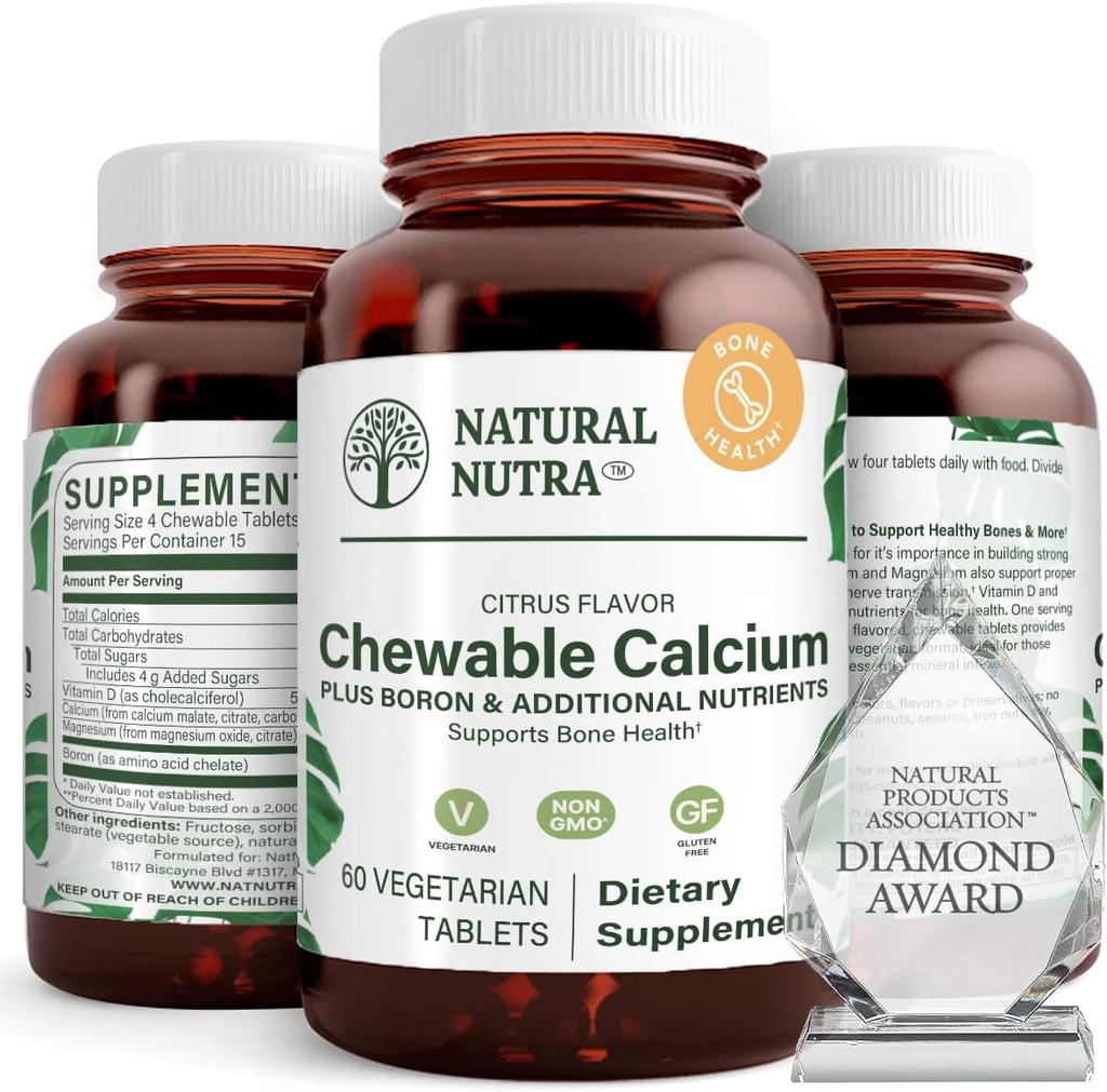 Natural Nutra Suplimentul de calciu masticabil pentru puterea osoasa, promovează sănătatea musculară, ajută la îmbunătățirea sănătății dinților, sprijinirea sănătății nervoase și a sănătății cardiovasculare, îmbunătățirea puterii osoase, 60 comprimate